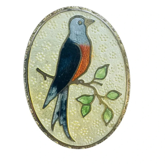 Vintage Guilloche Cloisonné Enamel Bird Brooch Pin - Picture 1 of 4